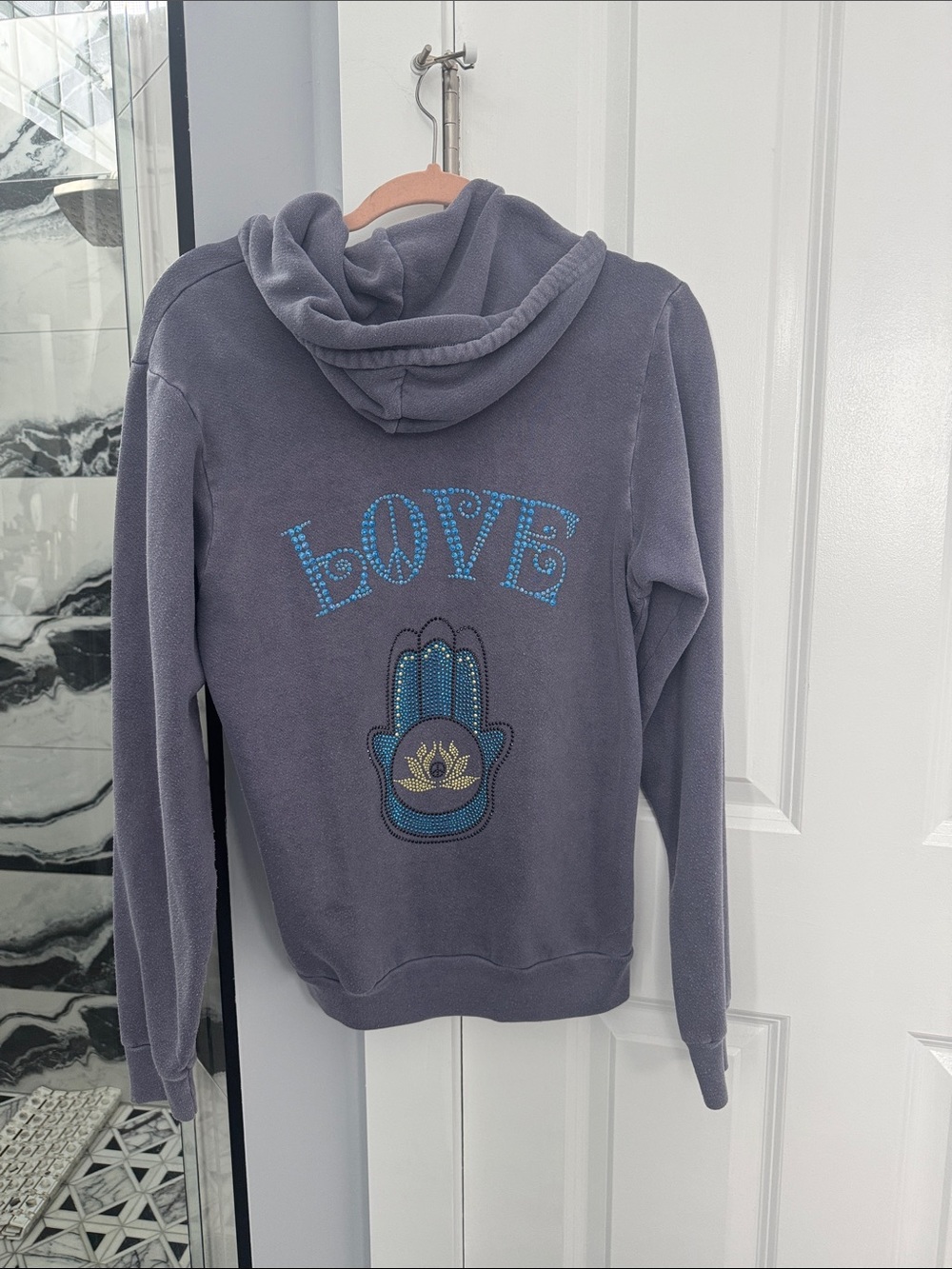 Butter Gray Hoodie with Blue Beaded LOVE and Hamsa Motif